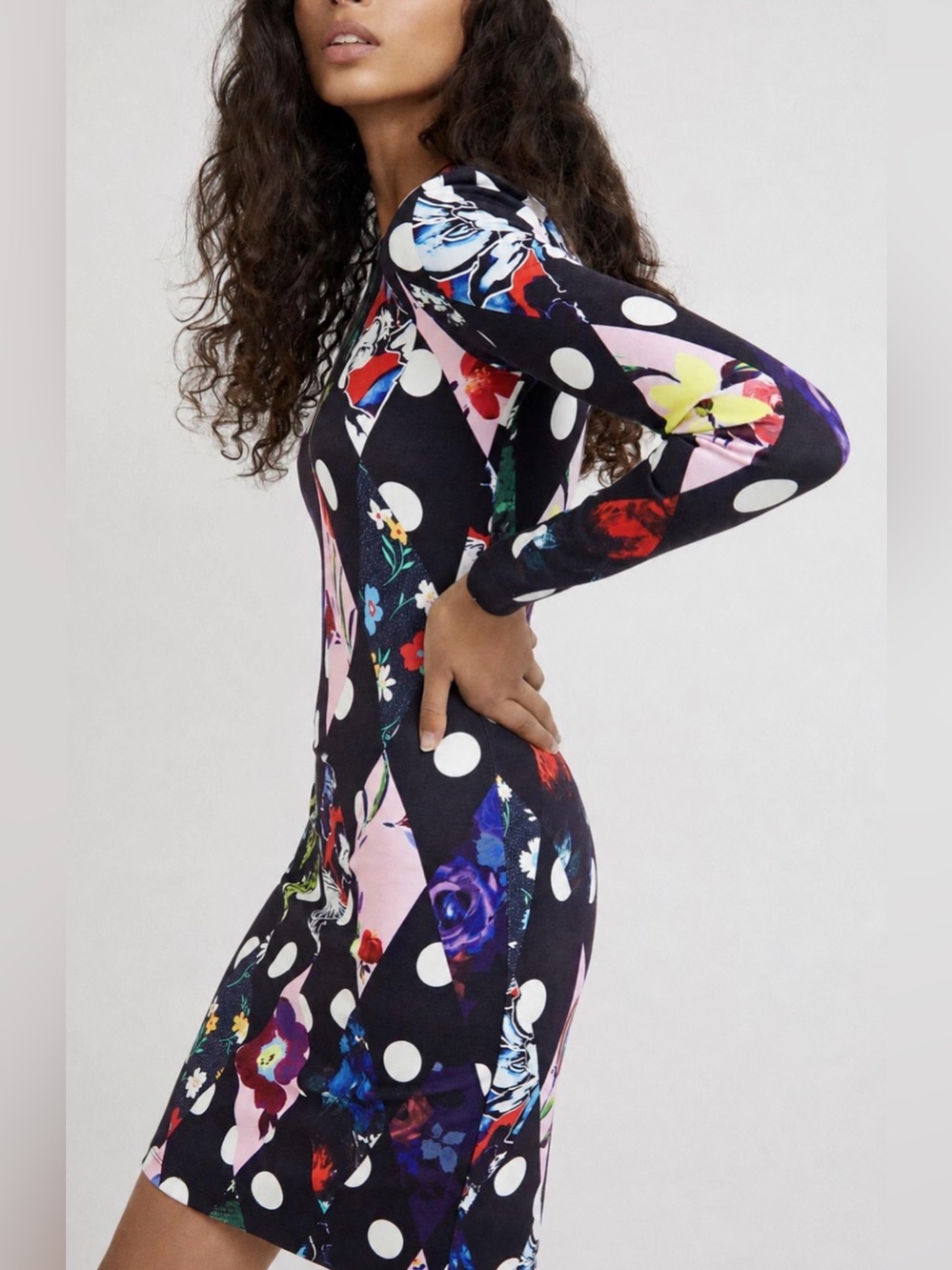 Desigual Mixed Print Polka Dot Long Sleeve Sheath Dress
